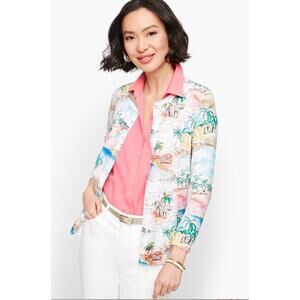 Talbots Womens M White Multi Charming Coastal Print Button Up Cardigan Resort